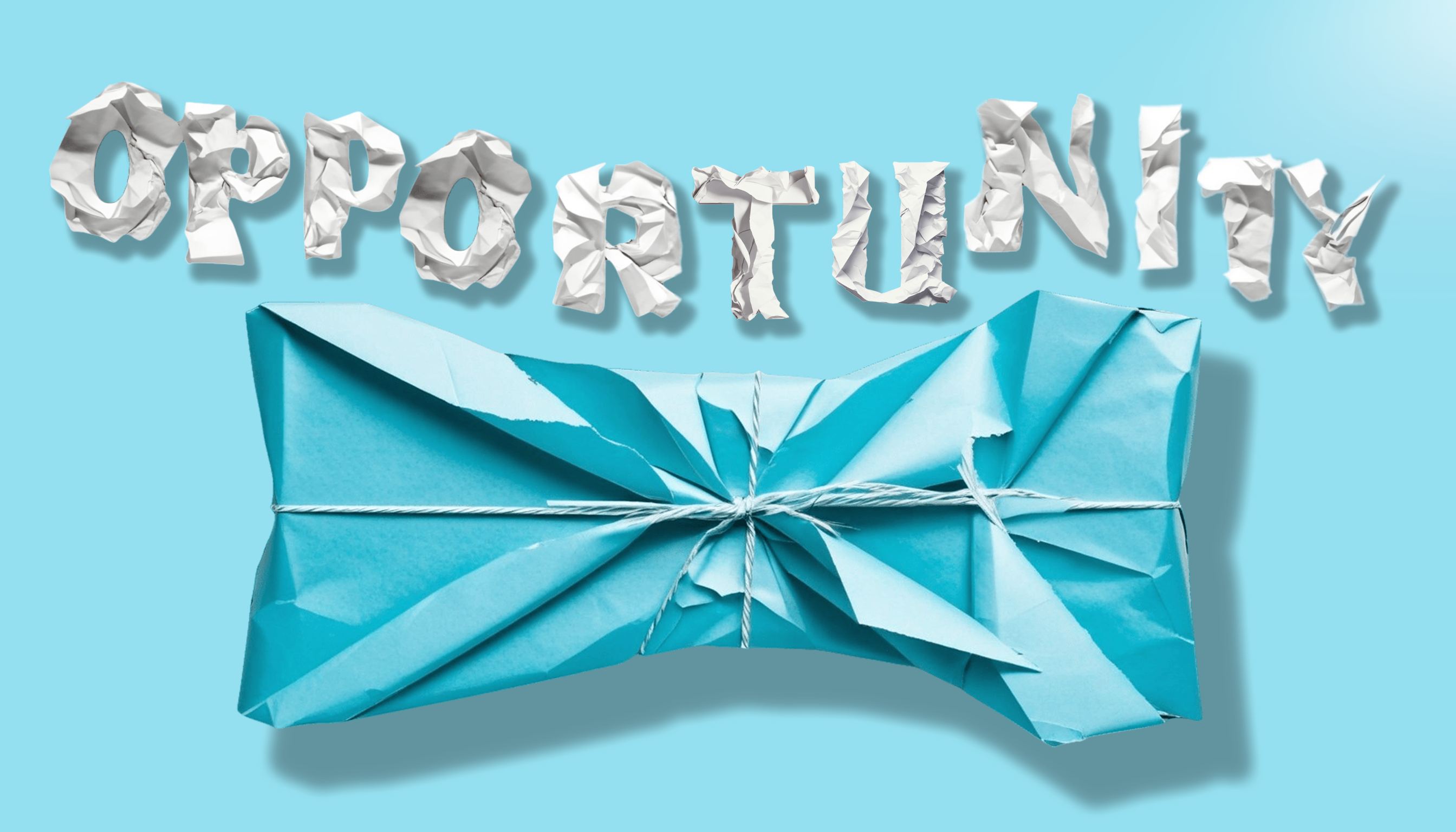 The word opportunity made out of screwed up white paper above a blue present wrapped badly in ripped paper